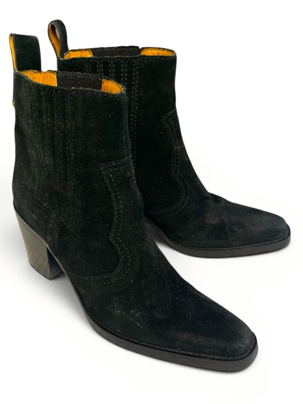 GANNI Black Suede Western Square Toe Block Heel Ankle Chelsea Boots 6